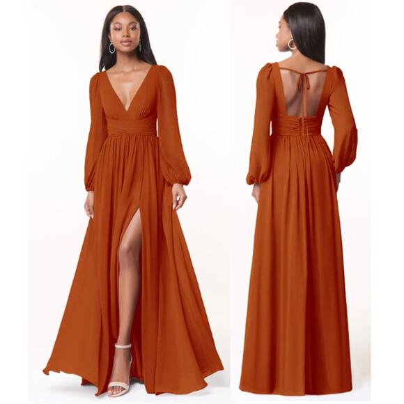 Azazie Dresses & Skirts - NWT Azazie A-Line V-Neck Long Sleeve Chiffon Dress Paprika Women's Size A6